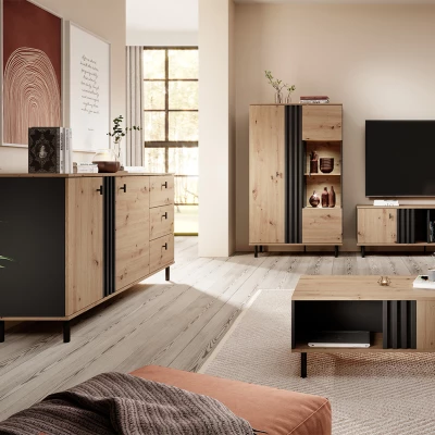 Široká kombinovaná komoda CHATOM - dub artisan / antracitová