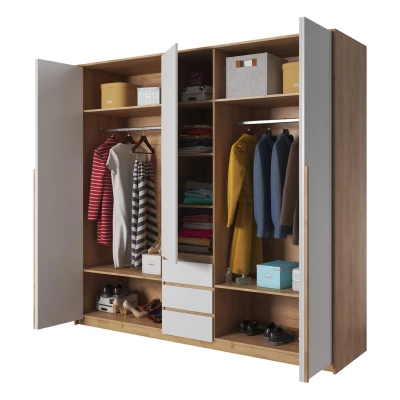 Velká šatní skříň 230 cm HELFIN - dub kraft zlatý / bílá