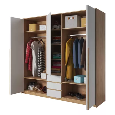 Velká šatní skříň 230 cm HELFIN - dub kraft zlatý / bílá