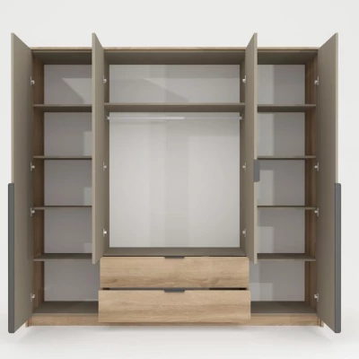 Velká zrcadlová šatní skříň 220 cm PRATTVILE - dub terra / kamenná šedá