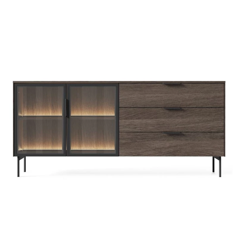 Prosklená široká kombinovaná komoda SULIGENT - dub dunin / černá + LED osvětlení ZDARMA