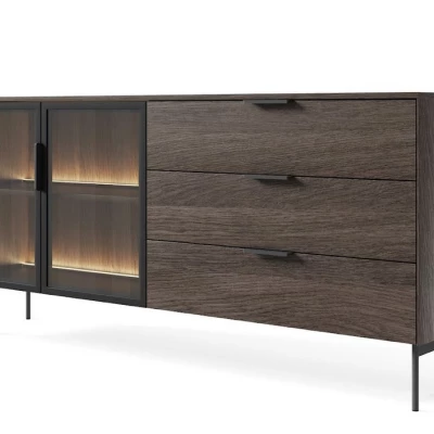 Prosklená široká kombinovaná komoda SULIGENT - dub dunin / černá + LED osvětlení ZDARMA