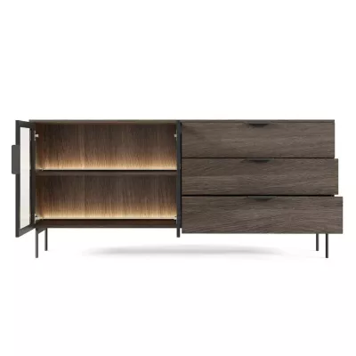 Prosklená široká kombinovaná komoda SULIGENT - dub dunin / černá + LED osvětlení ZDARMA