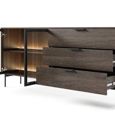 Prosklená široká kombinovaná komoda SULIGENT - dub dunin / černá + LED osvětlení ZDARMA