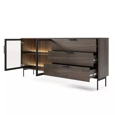 Prosklená široká kombinovaná komoda SULIGENT - dub dunin / černá + LED osvětlení ZDARMA