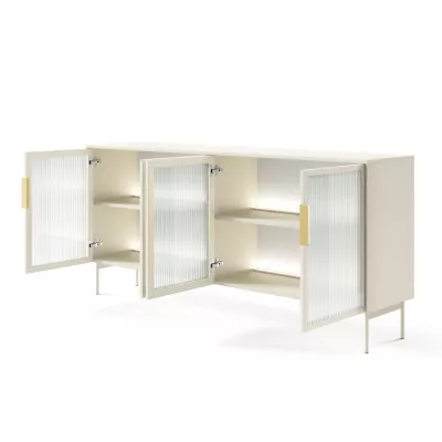 Prosklená široká komoda s dvířky SULIGENT - kašmír + LED osvětlení ZDARMA