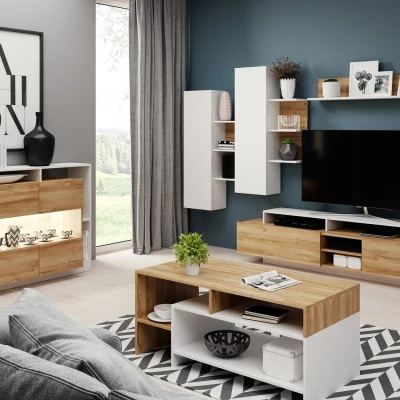 Prosklená komoda EUFALA - dub grandson / bílá