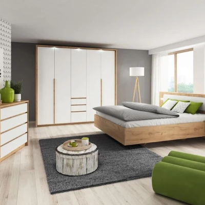 Sestava do ložnice s postelí 160x200 HELFIN 1 - dub kraft zlatý / bílá + LED osvětlení ZDARMA