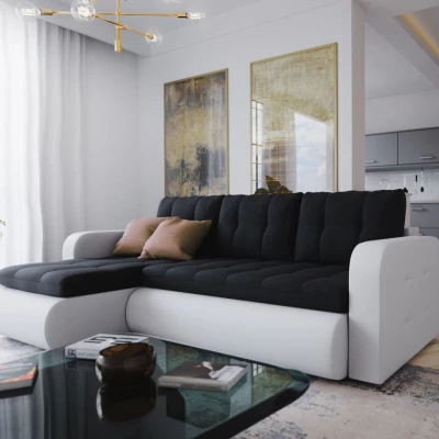 Rozkládací sedačka s úložným prostorem SANILA - bílá ekokůže / černá