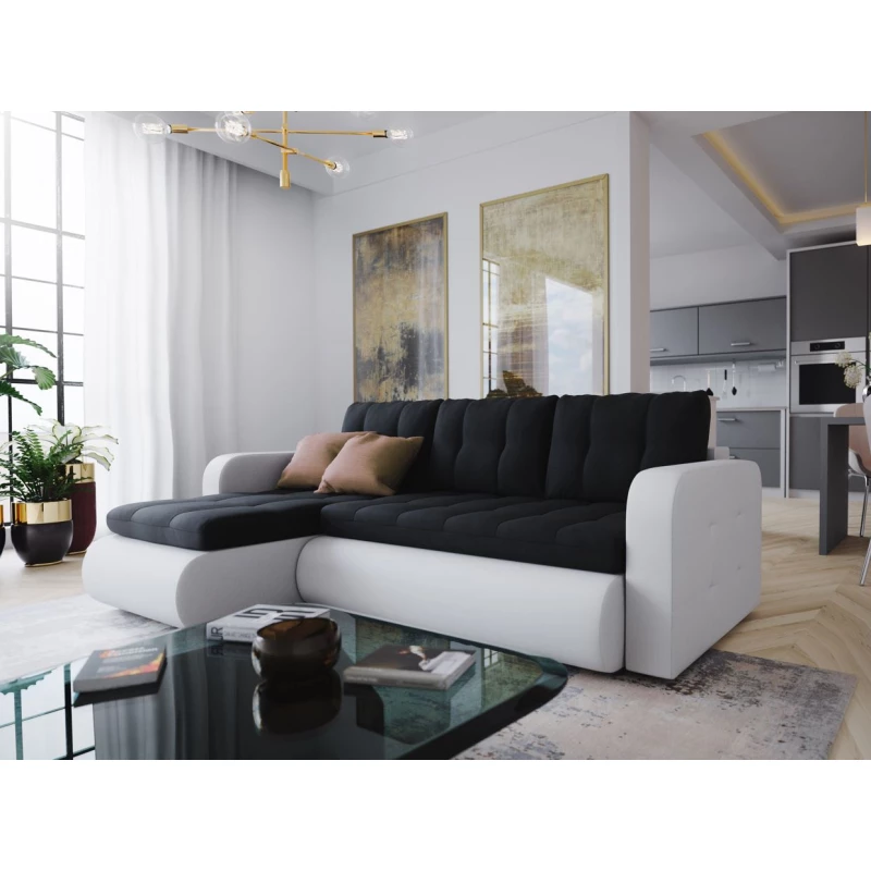 Rozkládací sedačka s úložným prostorem SANILA - bílá ekokůže / černá