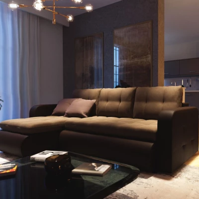 Rozkládací sedačka s úložným prostorem SANILA - hnědá ekokůže / béžová