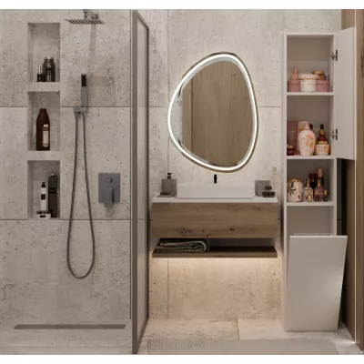 Koupelnová úzká skříňka 31 cm s košem na prádlo ATSO 8 - kašmír