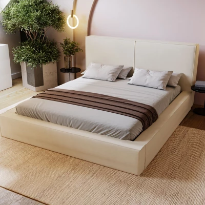 Jednoduchá čalouněná postel 200x200 NIDIA 2 s úložným prostorem - vanilková