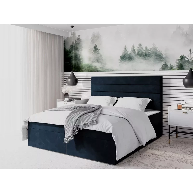 Moderní čalouněná postel 140x200 MAHERA s úložným prostorem - tmavě modrá