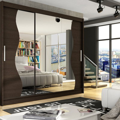 Prostorná šatní skříň se zrcadlem Amálie - šířka 250 cm, čoko