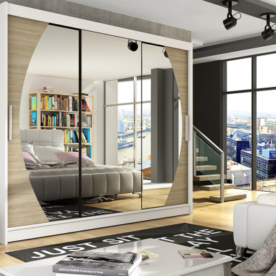 Prostorná šatní skříň se zrcadlem Jumbo - šířka 250 cm, bílá/sonoma