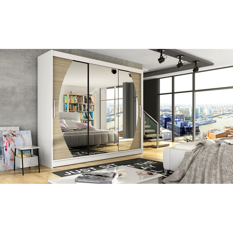 Prostorná šatní skříň se zrcadlem Jumbo - šířka 250 cm, bílá/sonoma