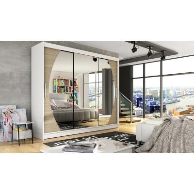 Prostorná šatní skříň se zrcadlem Jumbo - šířka 250 cm, bílá/sonoma