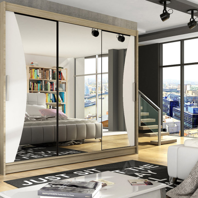 Prostorná šatní skříň se zrcadlem Elen - šířka 250 cm, sonoma/bílá