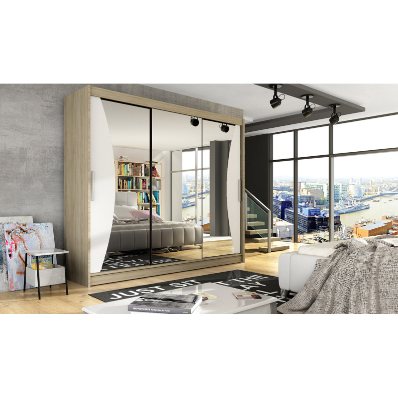 Prostorná šatní skříň se zrcadlem Elen - šířka 250 cm, sonoma/bílá