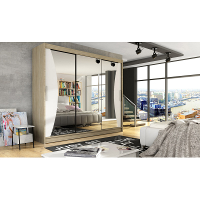 Prostorná šatní skříň se zrcadlem Elen - šířka 250 cm, sonoma/bílá