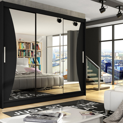 Prostorná šatní skříň se zrcadlem Elen - šířka 250 cm, černá