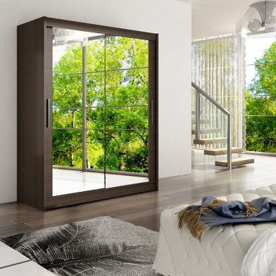 Prostorná šatní skříň se zrcadlem Aneta - šířka 150 cm, čoko