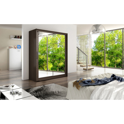 Prostorná šatní skříň se zrcadlem Aneta - šířka 150 cm, čoko