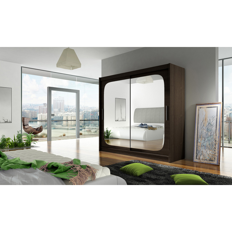 Prostorná šatní skříň se zrcadlem Rena - šířka 180 cm, čoko