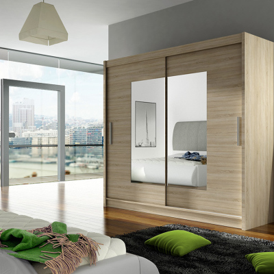 Prostorná šatní skříň se zrcadlem Mona - šířka 180 cm, sonoma