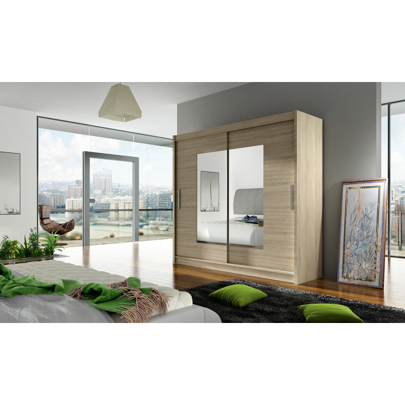 Prostorná šatní skříň se zrcadlem Mona - šířka 180 cm, sonoma