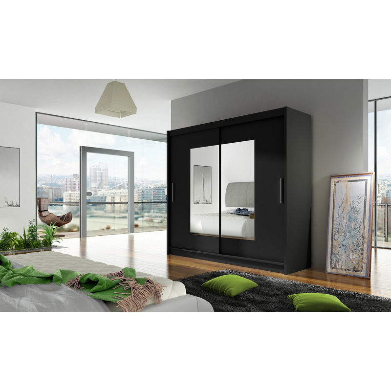 Prostorná šatní skříň se zrcadlem Mona - šířka 180 cm, černá