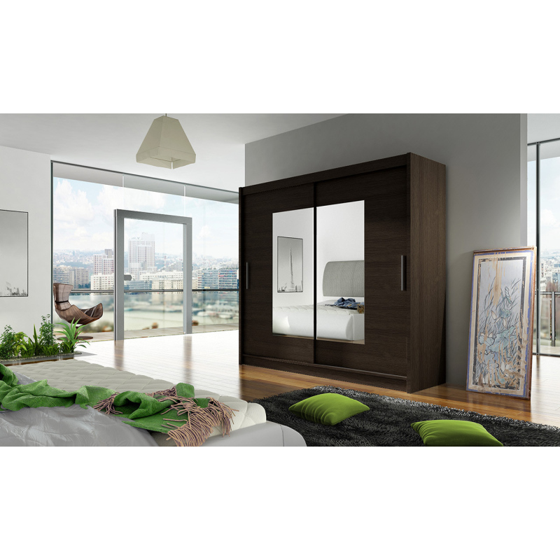 Prostorná šatní skříň se zrcadlem Mona - šířka 180 cm, čoko