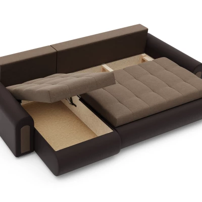 Rozkládací rohová sedací souprava EMBERLYN - hnědá ekokůže / béžová