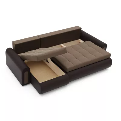 Rozkládací rohová sedací souprava EMBERLYN - hnědá ekokůže / béžová