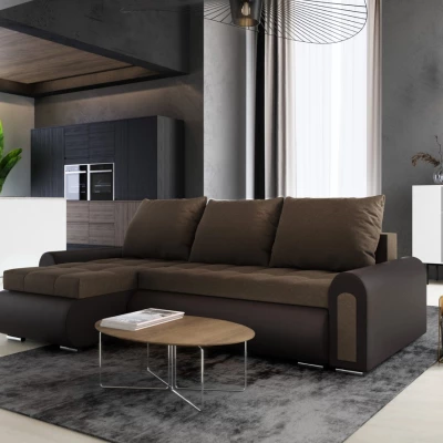 Rozkládací rohová sedací souprava EMBERLYN - hnědá ekokůže / béžová