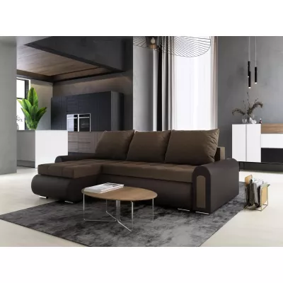 Rozkládací rohová sedací souprava EMBERLYN - hnědá ekokůže / béžová