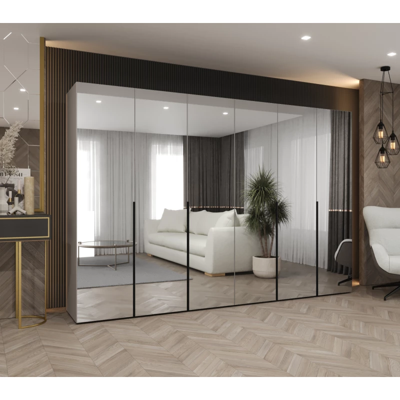 Zrcadlová šatní skříň 300 cm BUGRA - kašmírová / černá