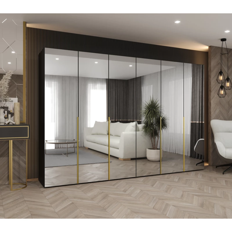 Zrcadlová šatní skříň 300 cm BUGRA - černá / zlatá