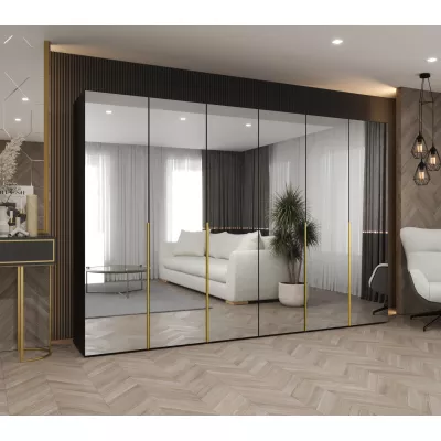 Zrcadlová šatní skříň 300 cm BUGRA - černá / zlatá