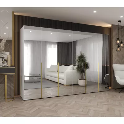 Zrcadlová šatní skříň 300 cm BUGRA - bílá / zlatá