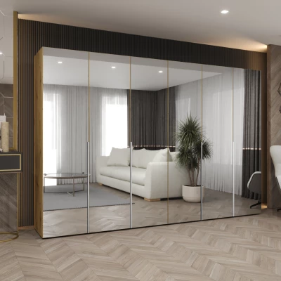 Zrcadlová šatní skříň 300 cm BUGRA - dub artisan / stříbrná