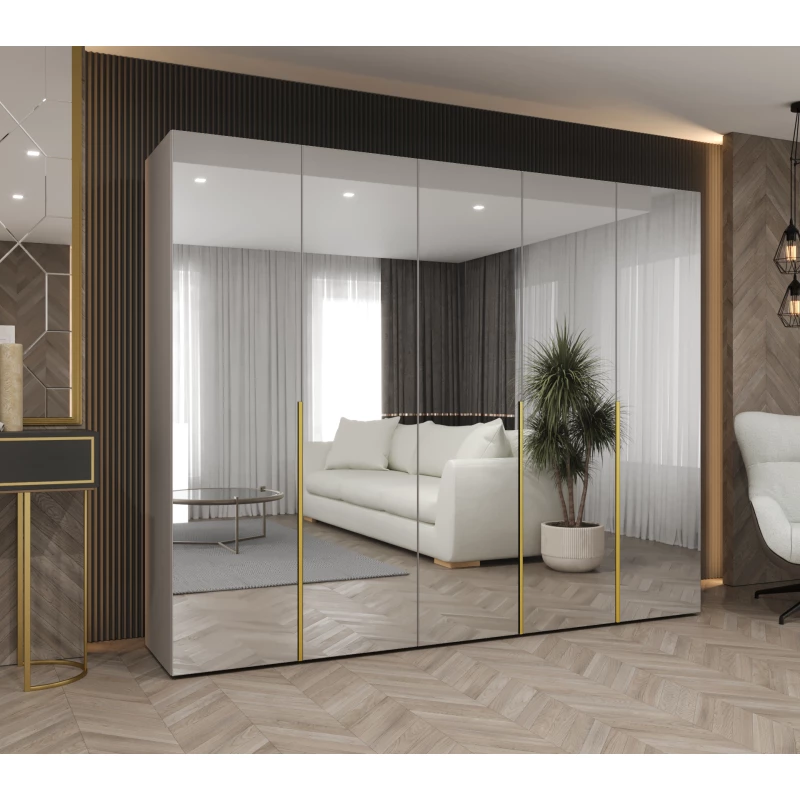 Zrcadlová šatní skříň 250 cm BUGRA - kašmírová / zlatá