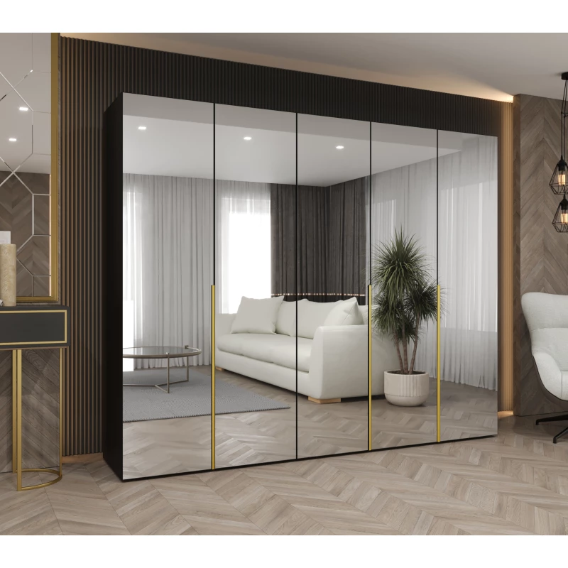 Zrcadlová šatní skříň 250 cm BUGRA - černá / zlatá