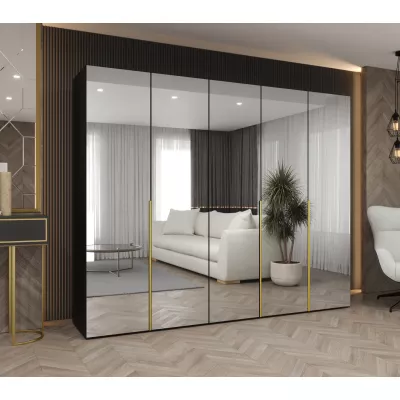 Zrcadlová šatní skříň 250 cm BUGRA - černá / zlatá