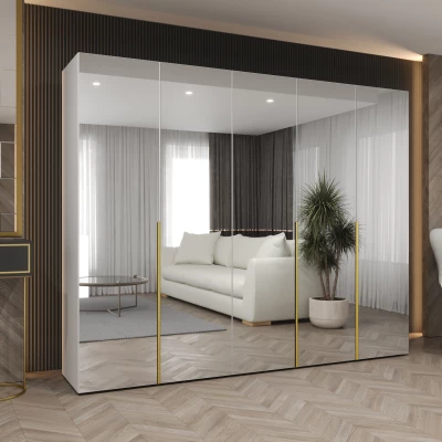 Zrcadlová šatní skříň 250 cm BUGRA - bílá / zlatá