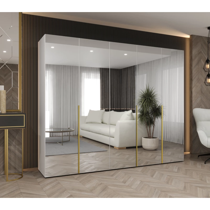 Zrcadlová šatní skříň 250 cm BUGRA - bílá / zlatá