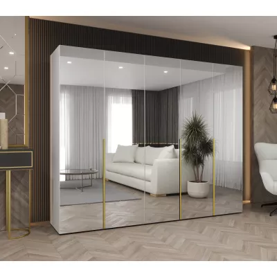 Zrcadlová šatní skříň 250 cm BUGRA - bílá / zlatá