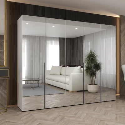 Zrcadlová šatní skříň 250 cm BUGRA - bílá / stříbrná