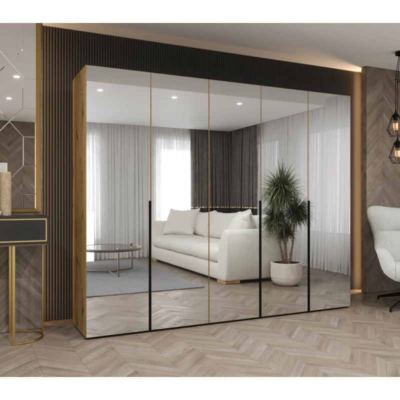 Zrcadlová šatní skříň 250 cm BUGRA - dub artisan / černá